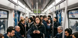 ¿Por qué es tan difícil encontrar pareja en la gran ciudad? mujer consultando app de citas en el metro ilustrando lo difícil que es encontrar pareja en la gran ciudad