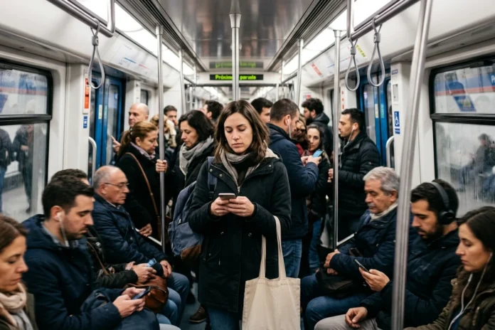 mujer consultando app de citas en el metro ilustrando lo difícil que es encontrar pareja en la gran ciudad